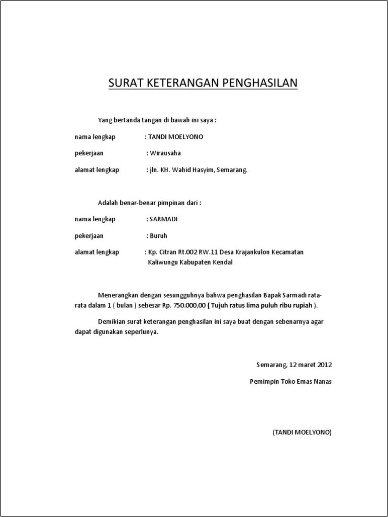 Contoh Surat Keterangan Penghasilan Dari Toko