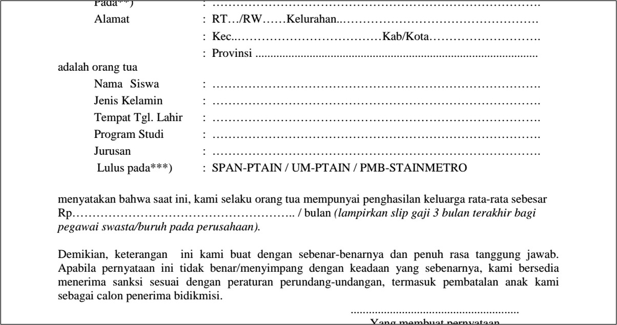 Contoh Surat Keterangan Penghasilan Orang Tua Pns Untuk Daftar Kuliah