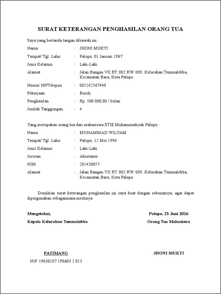 Contoh Surat Keterangan Penghasilan Orang Tua Unmul