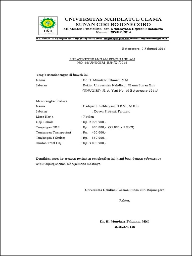 Contoh Surat Keterangan Penghasilan Unhas