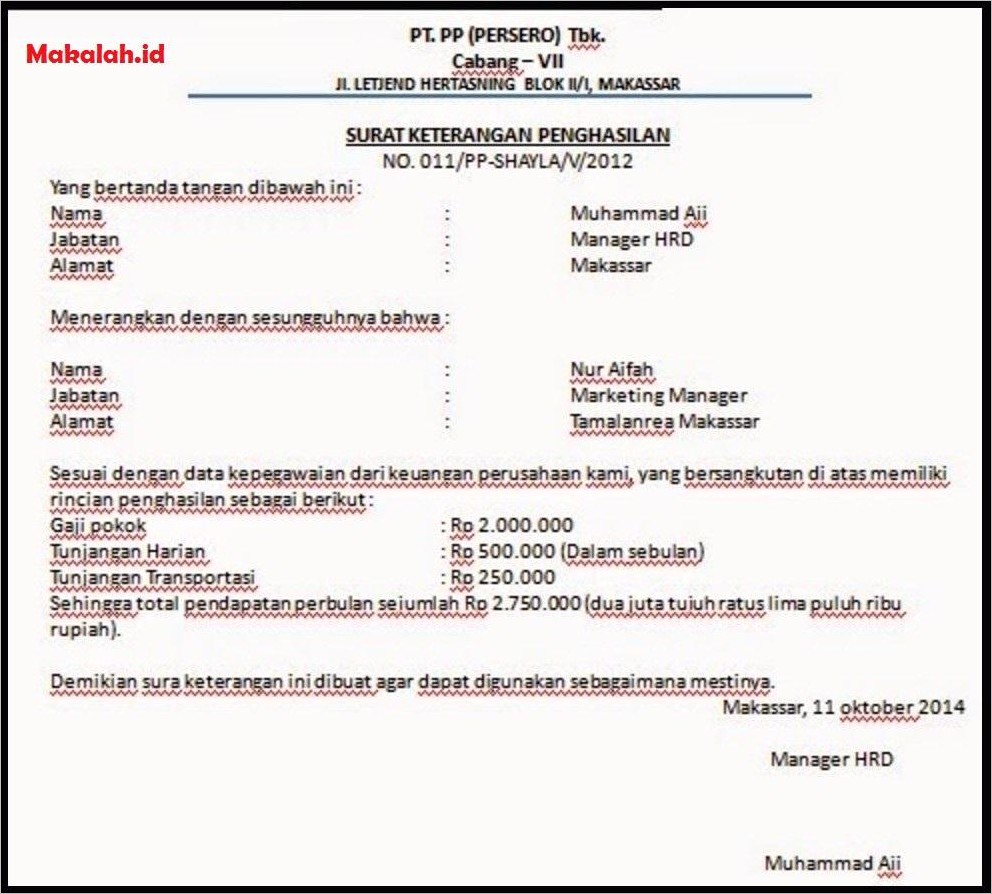 Contoh Surat Keterangan Penghasilan Wirausaha