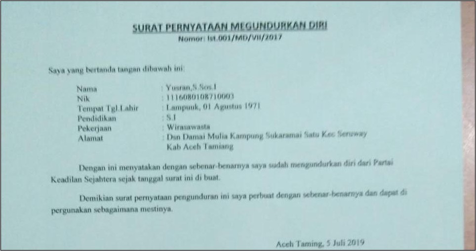 Contoh Surat Keterangan Pengunduran Diri Dari Partai