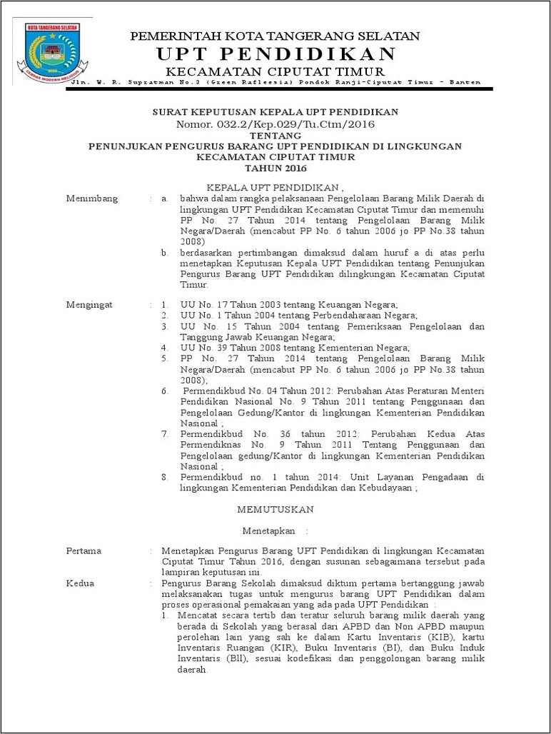 Contoh Surat Keterangan Pengurus Inventaris Barang