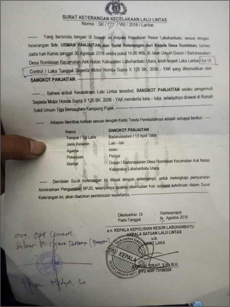 Contoh Surat Keterangan Penolakan Biaya Kecelakaan