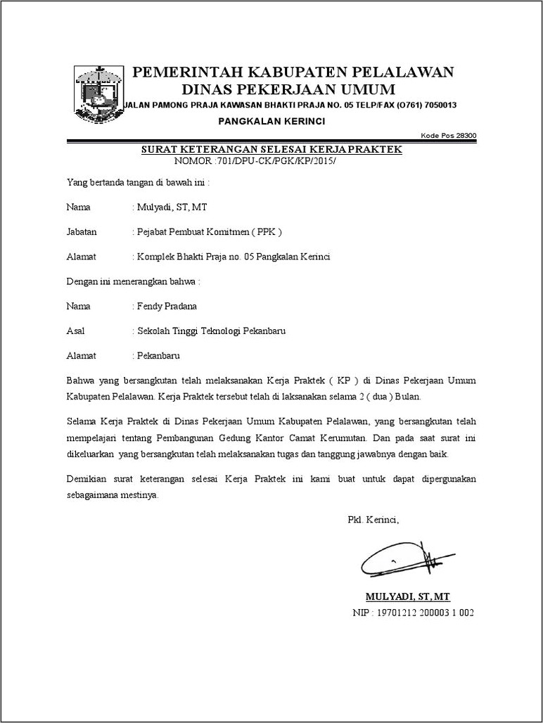 Contoh Surat Keterangan Penyelesaian Proyek