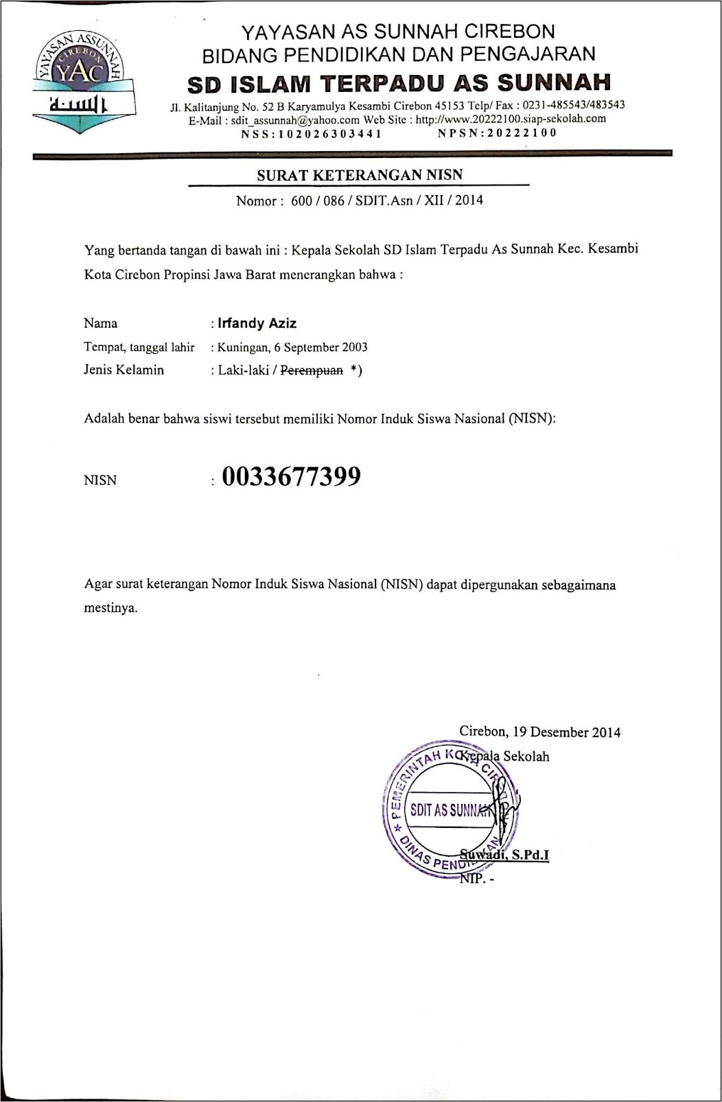 Contoh Surat Keterangan Perbaikan Nisn