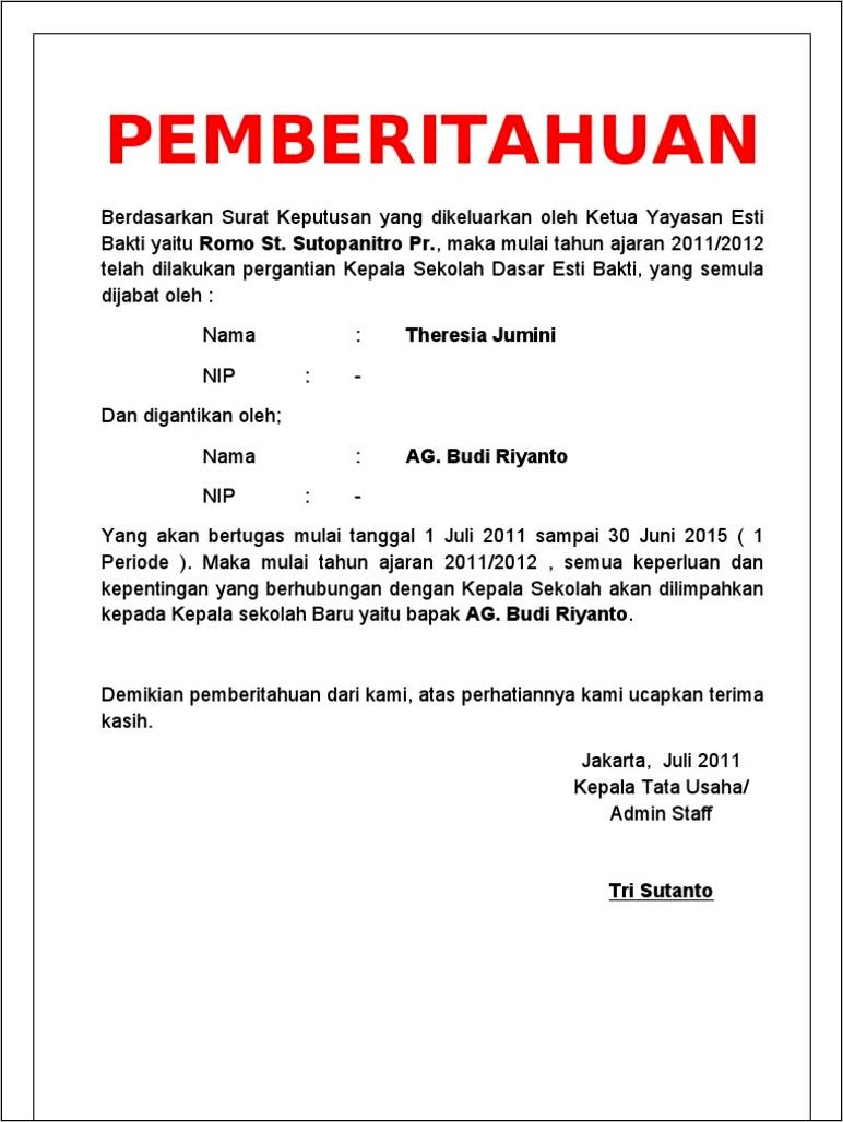 Contoh Surat Keterangan Pergantian Guru