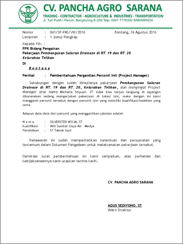 Contoh Surat Keterangan Pergantian Pegawai
