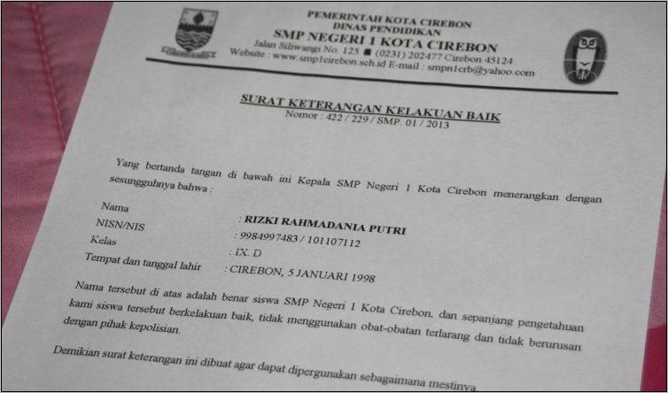 Contoh Surat Keterangan Perilaku Baik Dari Sekolah