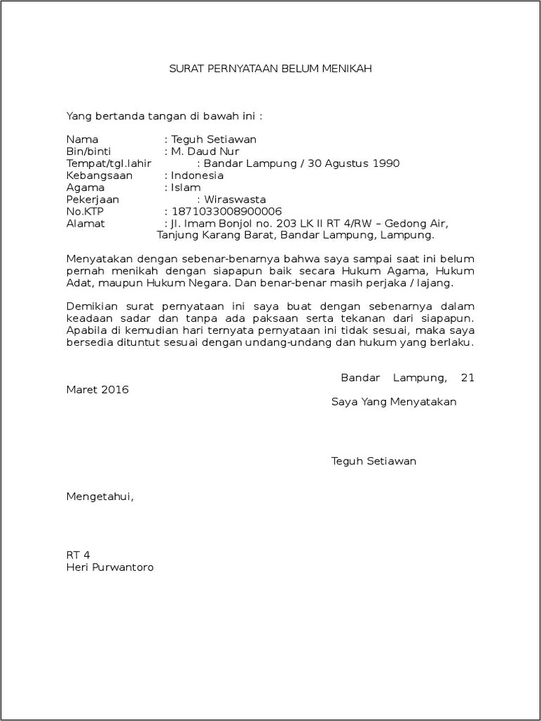 Contoh Surat Keterangan Perjaka Untuk Menikah