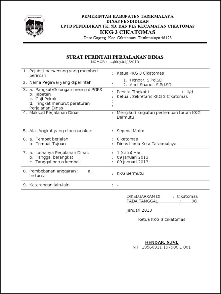 Contoh Surat Keterangan Perjalanan Dinas
