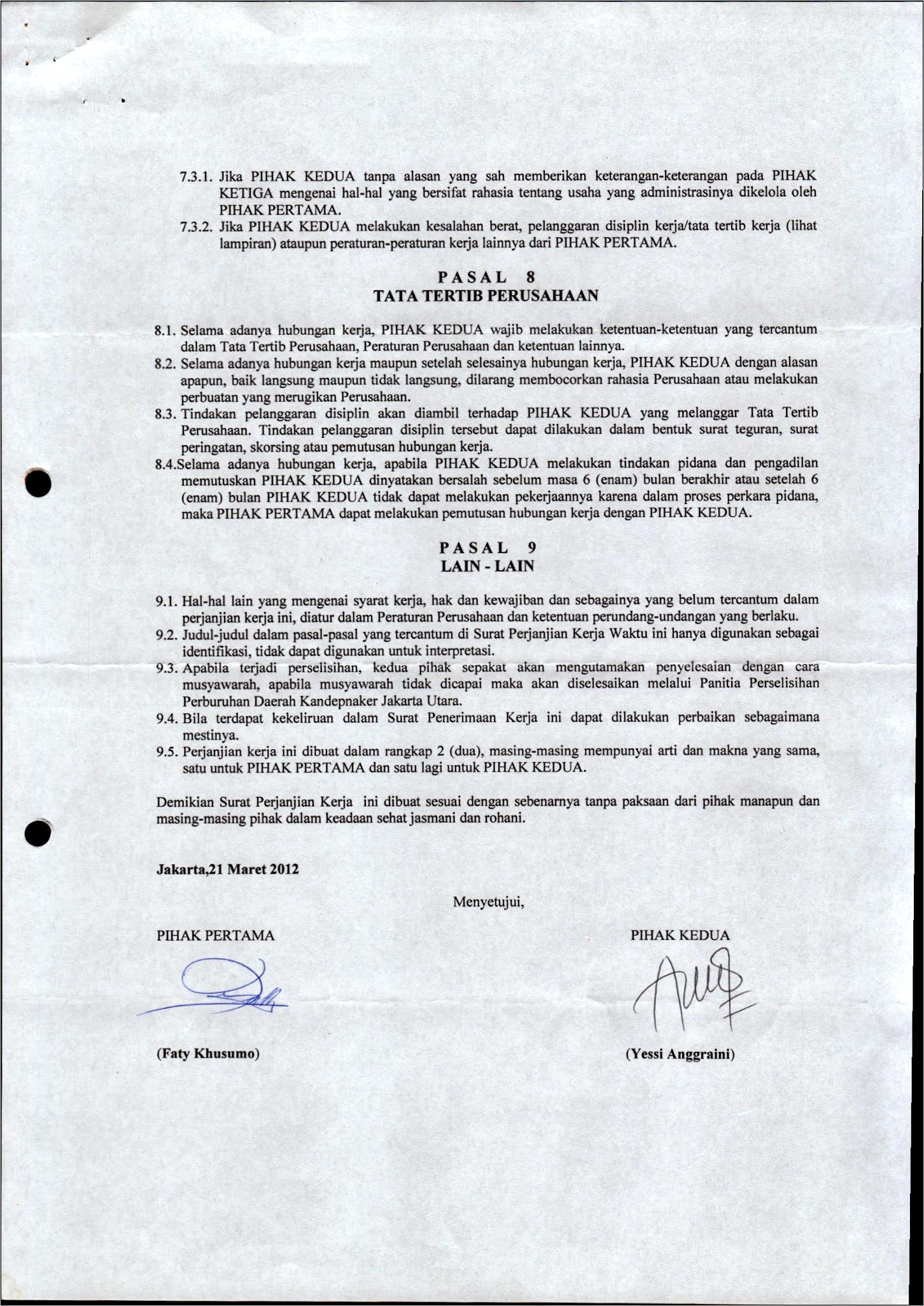 Contoh Surat Keterangan Perjanjian Kerjasama