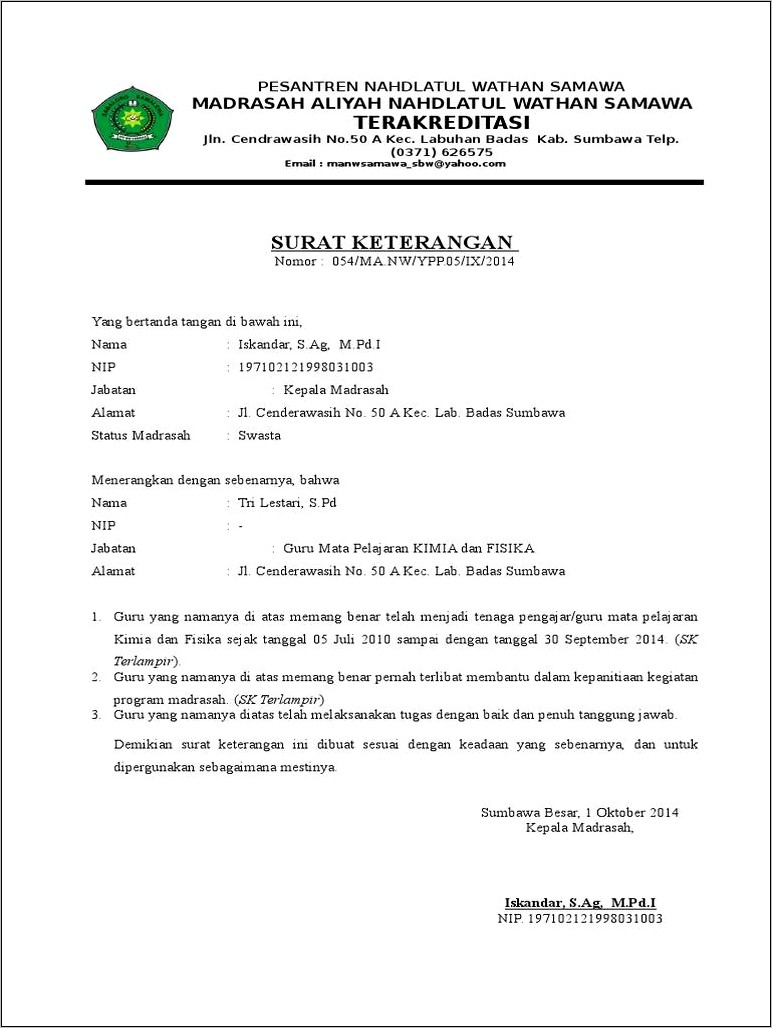 Contoh Surat Keterangan Pernah Belajar