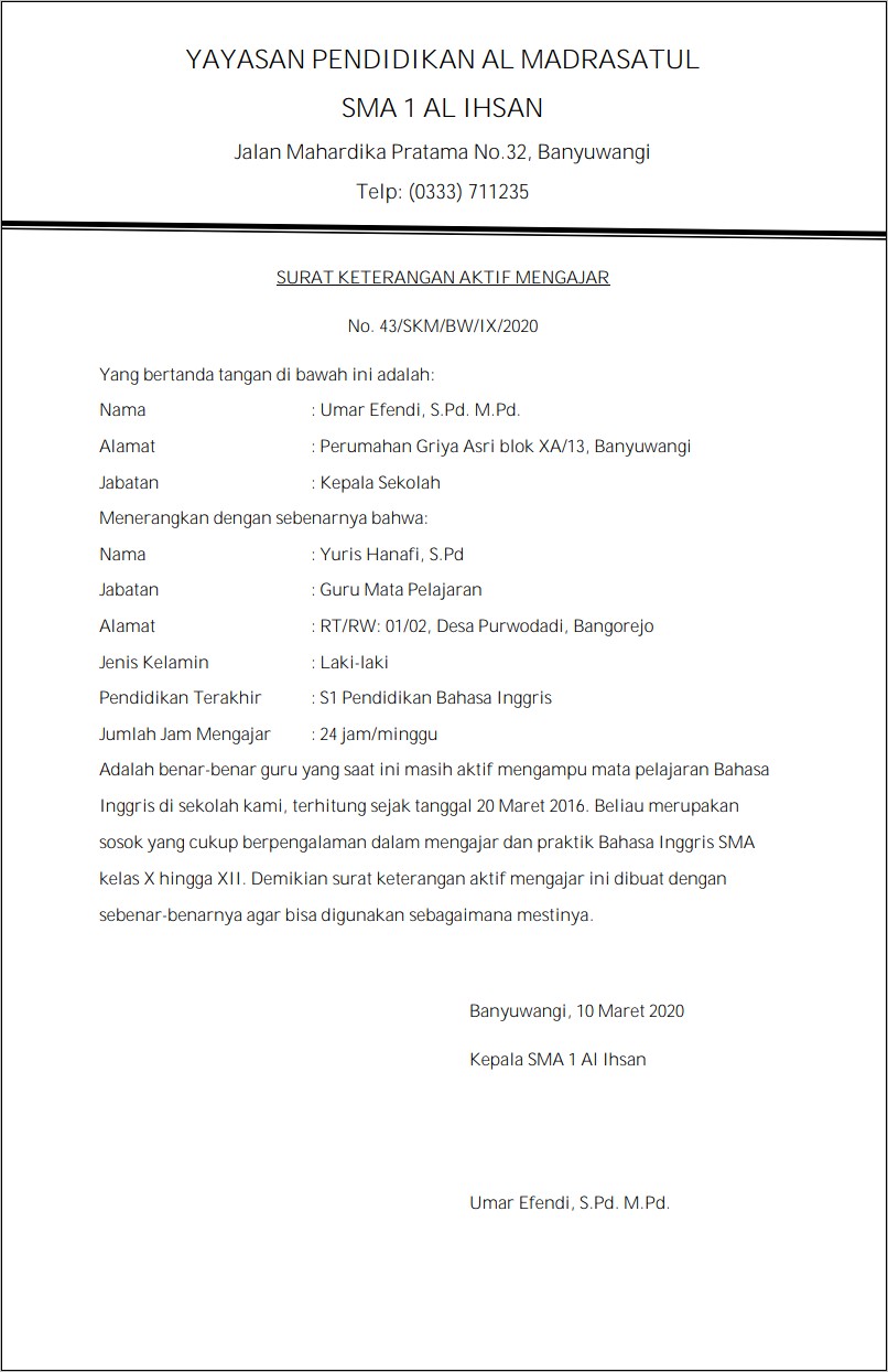 Contoh Surat Keterangan Pernah Bersekolah