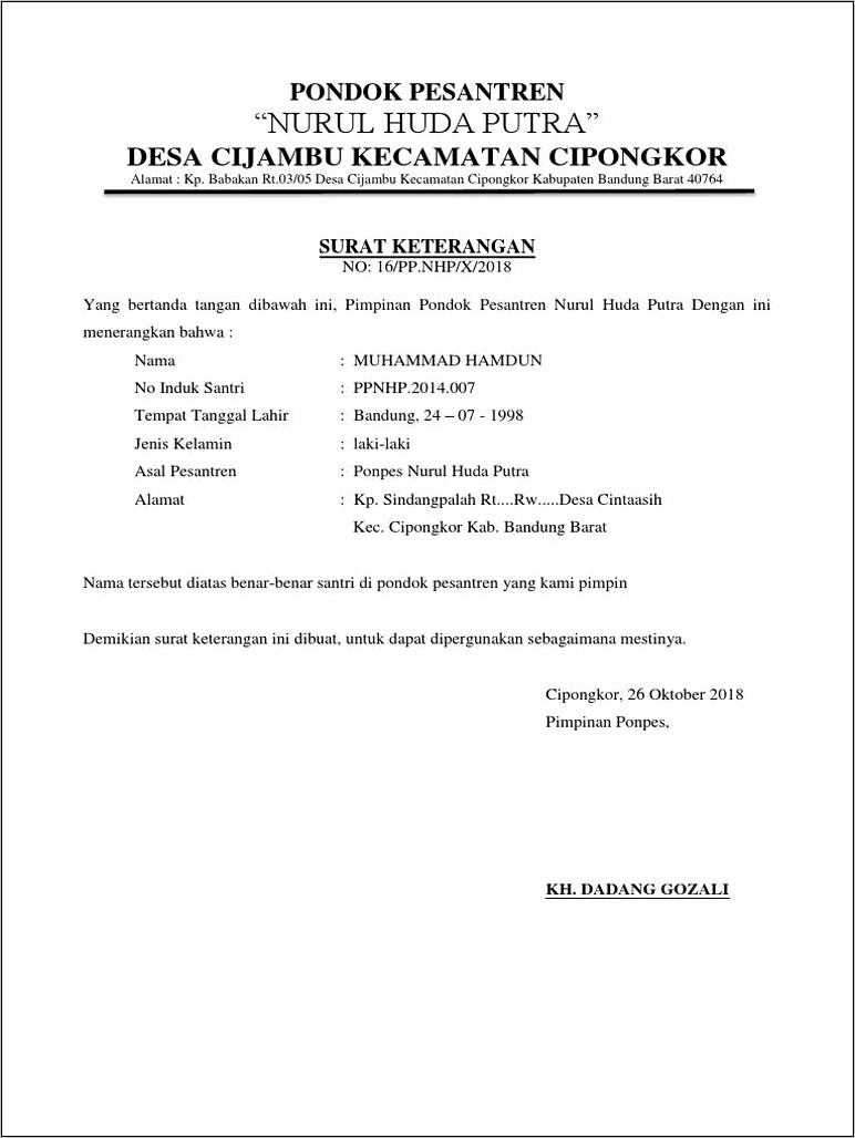 Contoh Surat Keterangan Pernah Mondok