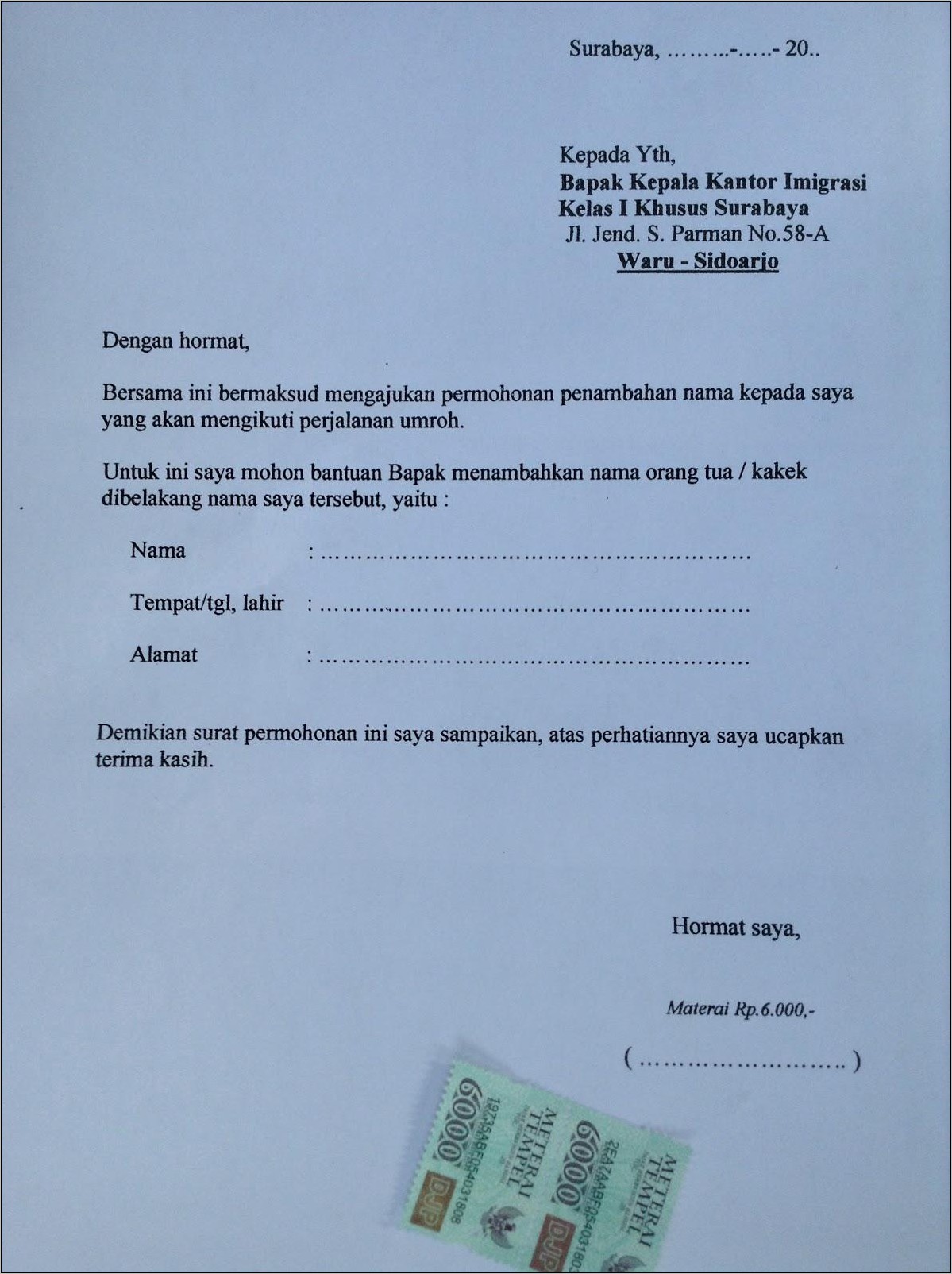 Contoh Surat Keterangan Perpanjangan Paspor