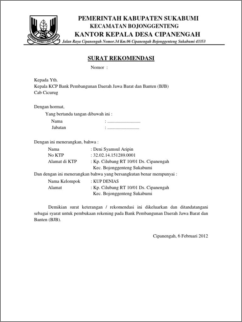 Contoh Surat Keterangan Perusahaan Untuk Pembukaan Rekenin