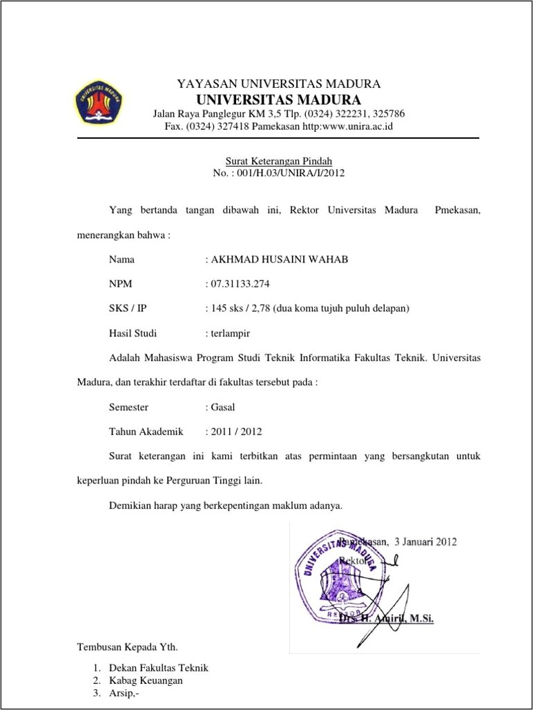 Contoh Surat Keterangan Pindah Kelas Malam