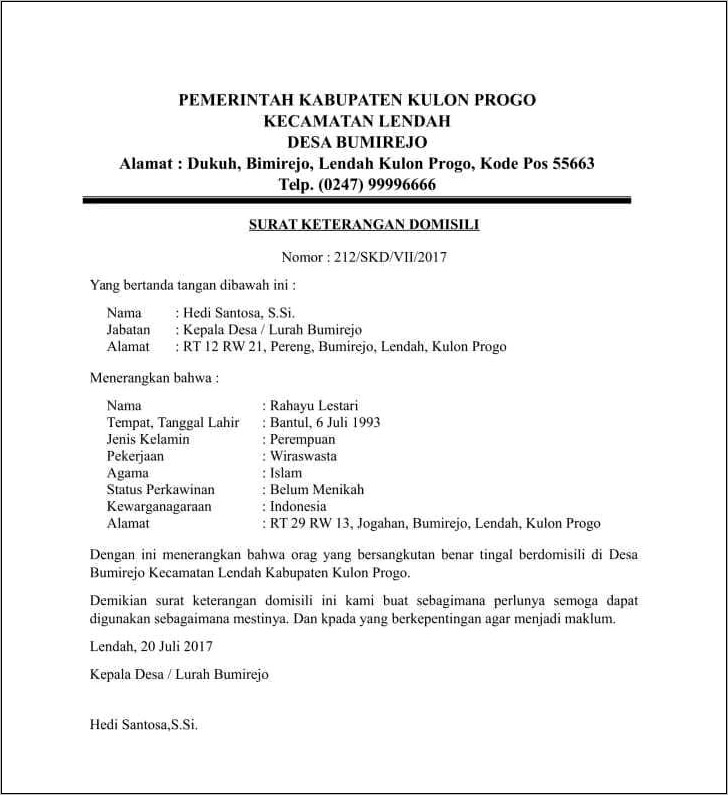 Contoh Surat Keterangan Pindah Ktp