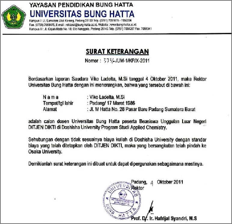 Contoh Surat Keterangan Pindah Kuliah Ke Universitas Lain