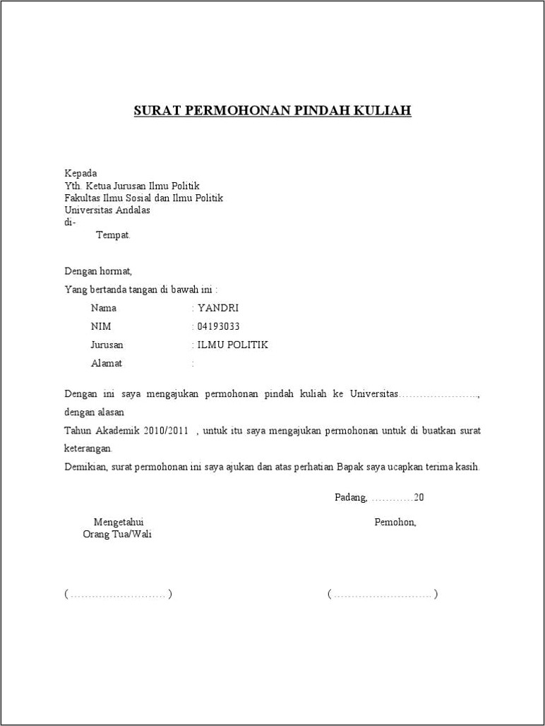 Contoh Surat Keterangan Pindah Tangan