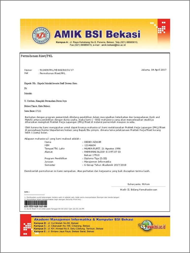 Contoh Surat Keterangan Pkl Bsi
