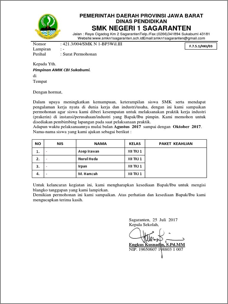 Contoh Surat Keterangan Pkl Smk