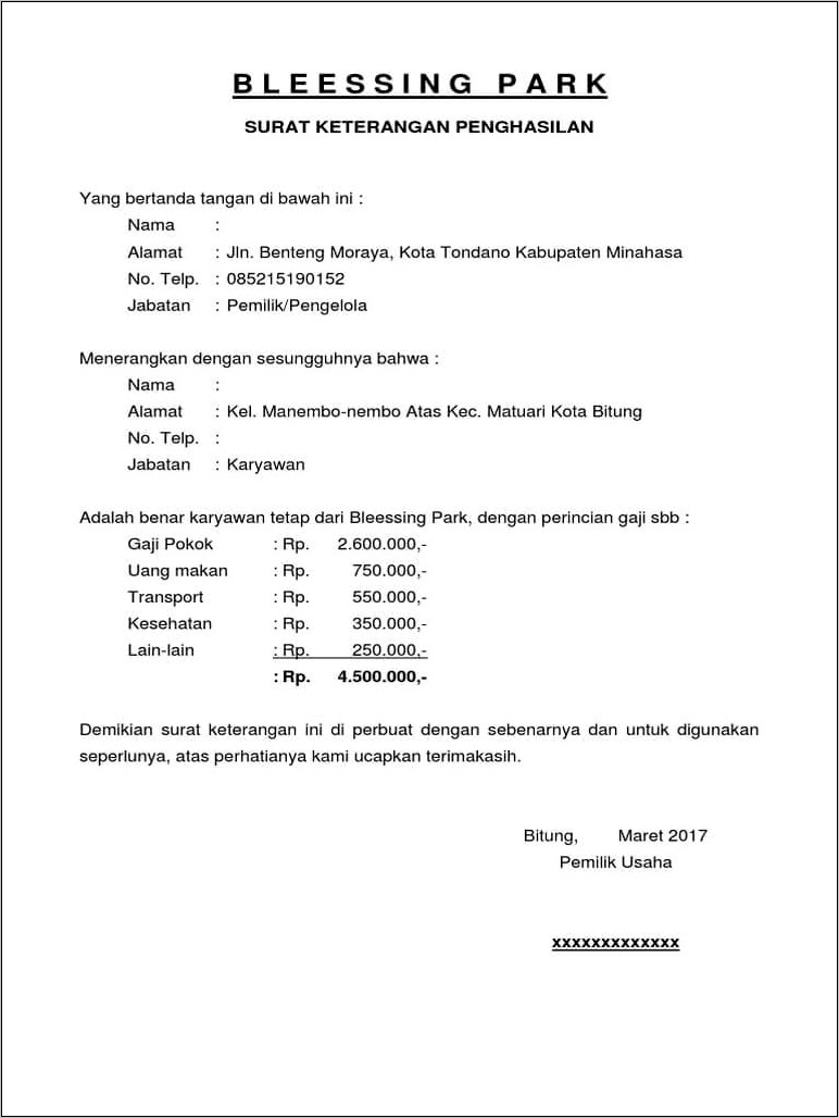 Contoh Surat Keterangan Pnghasilan Orang Tua