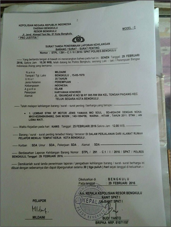 Contoh Surat Keterangan Polisi Untuk Ktp Hilang