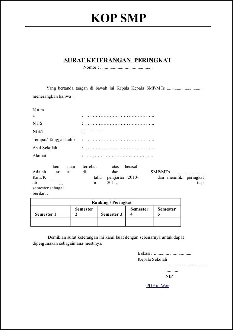 Contoh Surat Keterangan Rangking Siswa