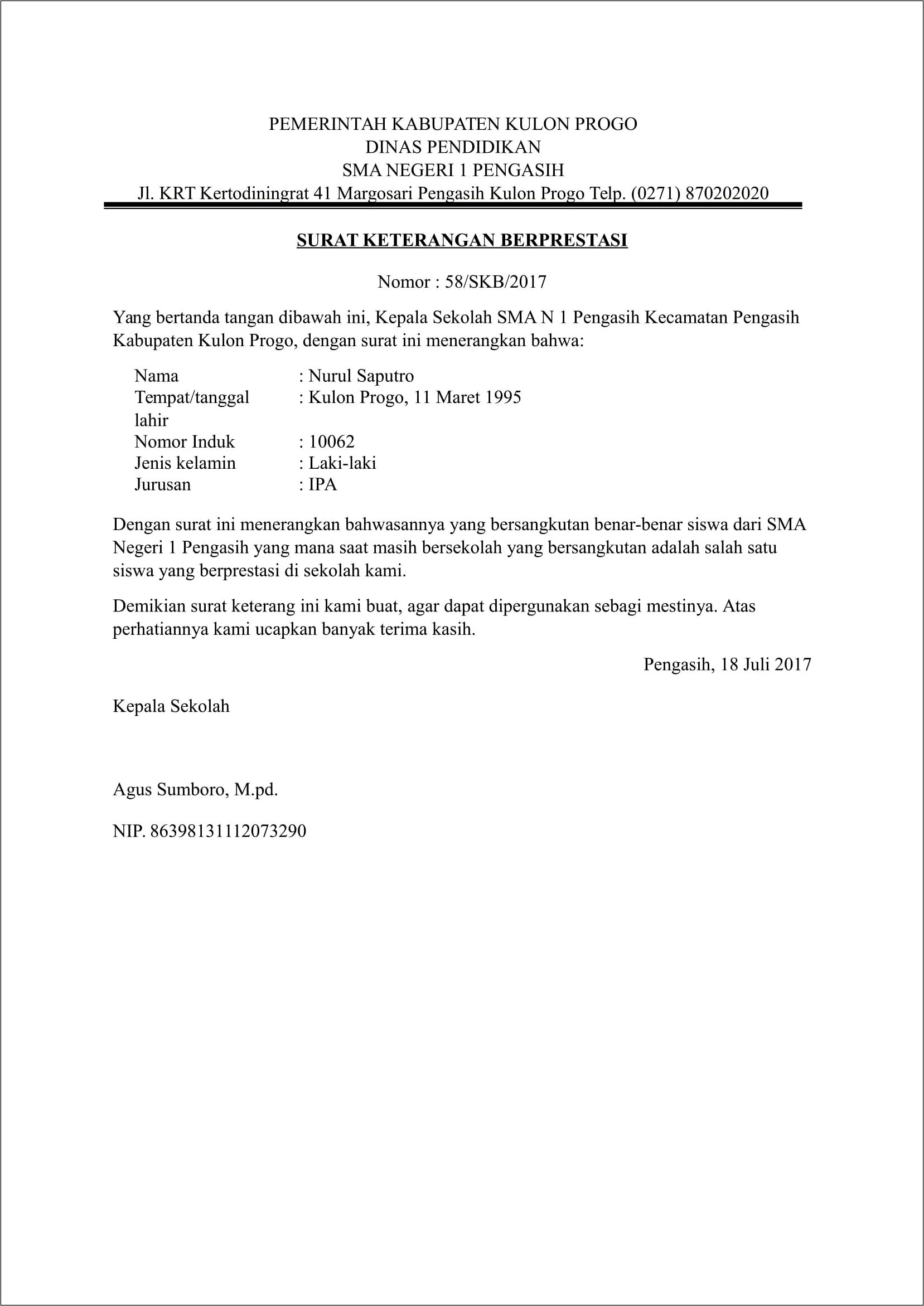 Contoh Surat Keterangan Rekom Prestasi Ke Diknas Surat Keterangan