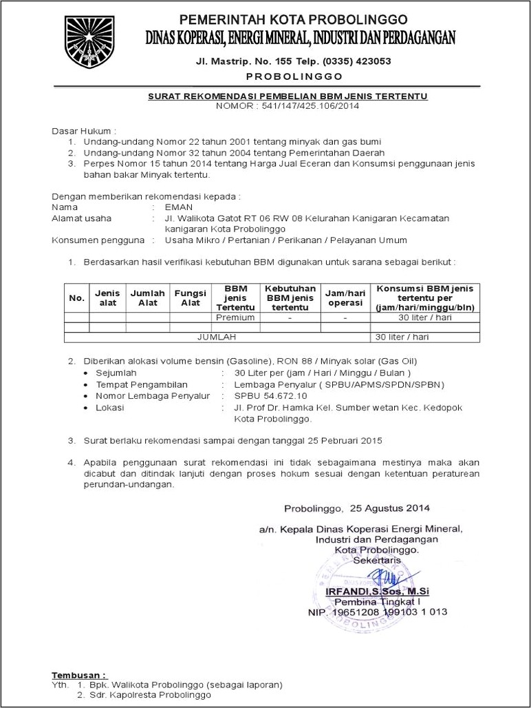 Contoh Surat Keterangan Rekomendasi Bbm