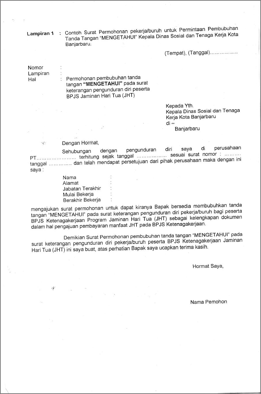 Contoh Surat Keterangan Resign Untuk Bpjs Ketenagakerjaan