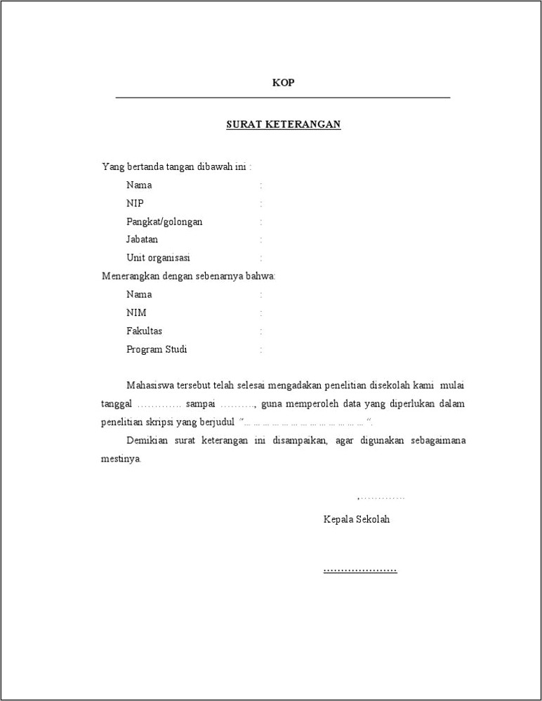 Contoh Surat Keterangan Riset Mahasiswa
