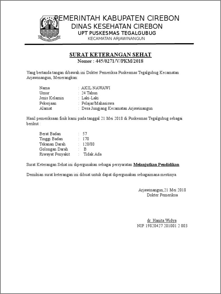 Contoh Surat Keterangan Riwayat Sakit