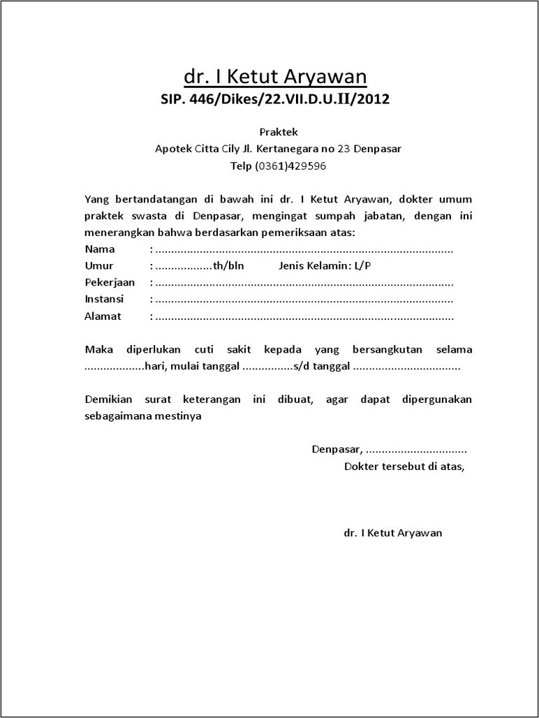 Contoh Surat Keterangan Sakit Dari Dokter Klinik Bali