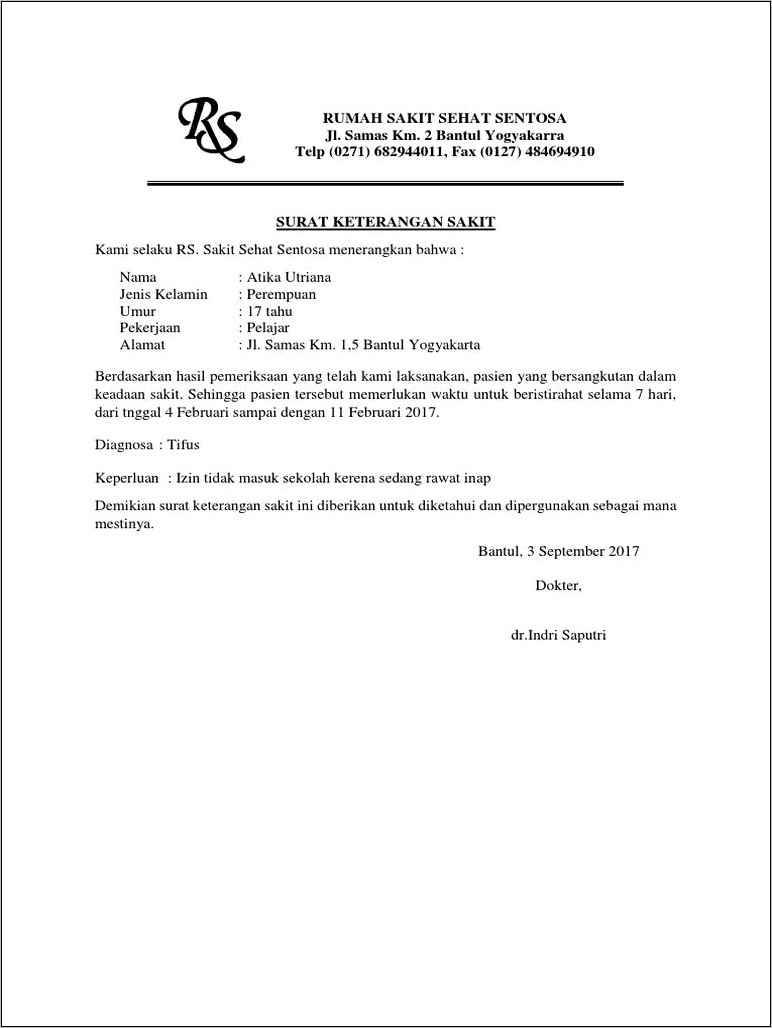 Contoh Surat Keterangan Sakit Dari Rs