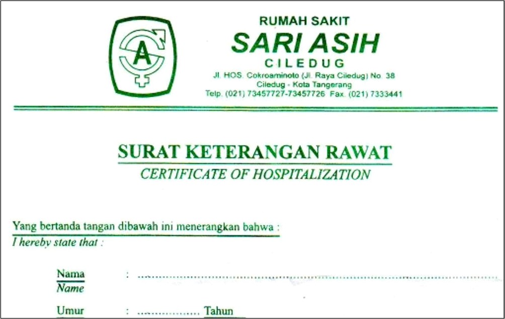 Contoh Surat Keterangan Sakit Dari Rumah Sakit Umum