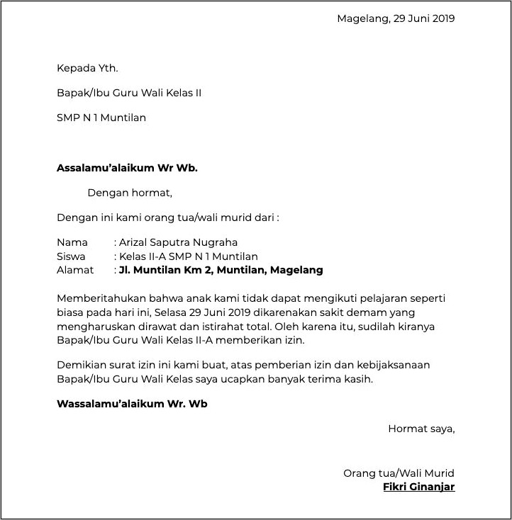 Contoh Surat Keterangan Sakit Di Sekolah