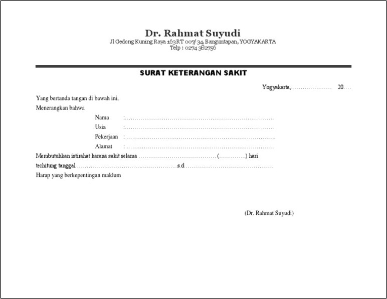 Contoh Surat Keterangan Sakit Rs