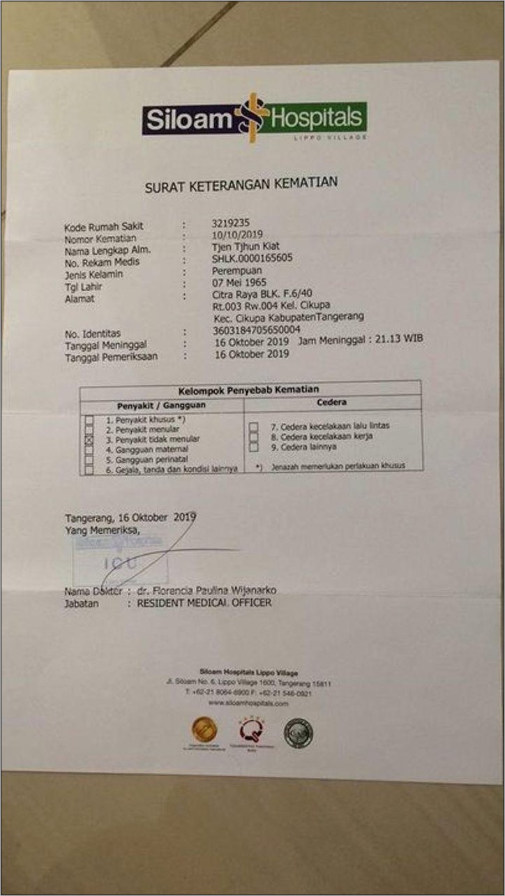 Contoh Surat Keterangan Sakit Siloam