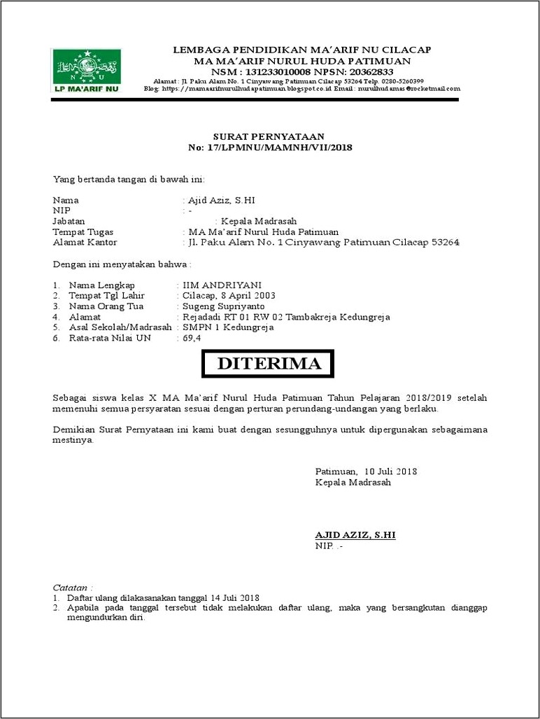 Contoh Surat Keterangan Sebagai Siswa