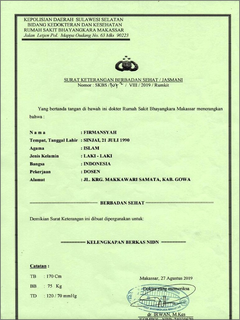 Contoh Surat Keterangan Sehat Jasmani