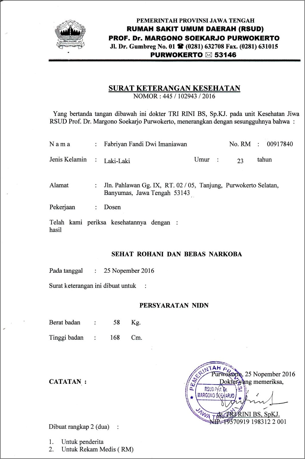 Contoh Surat Keterangan Sehat Untuk Daftar Kuliah