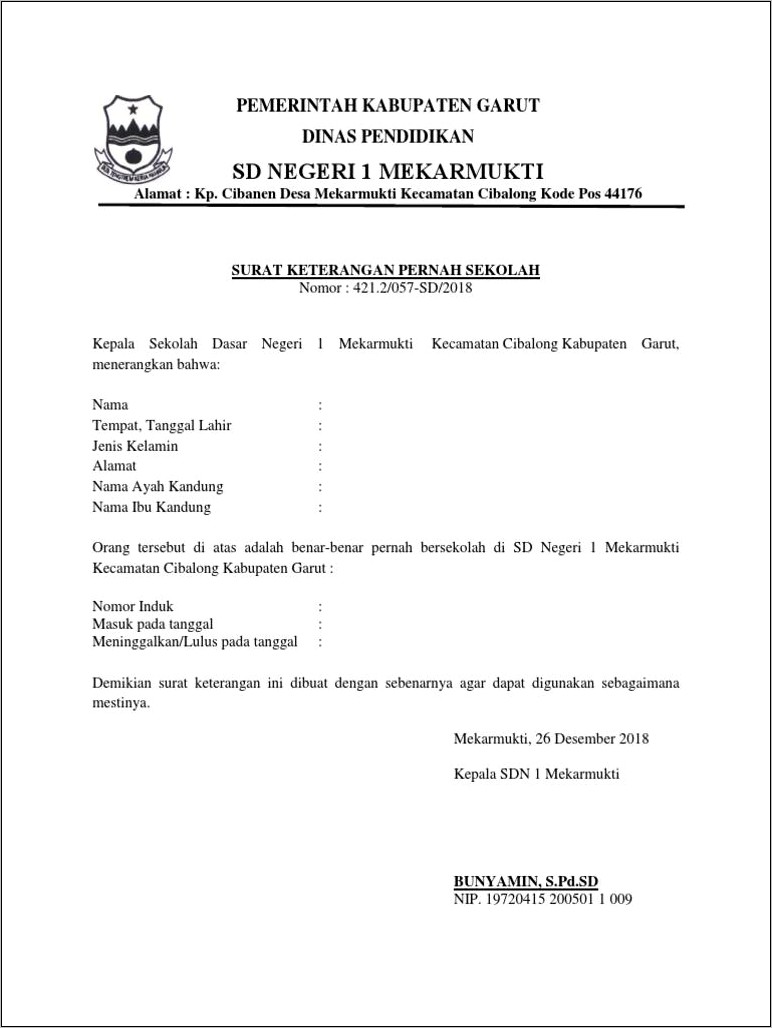 Contoh Surat Keterangan Sekolah Sd