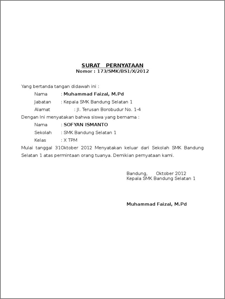 Contoh Surat Keterangan Sekolah Smk