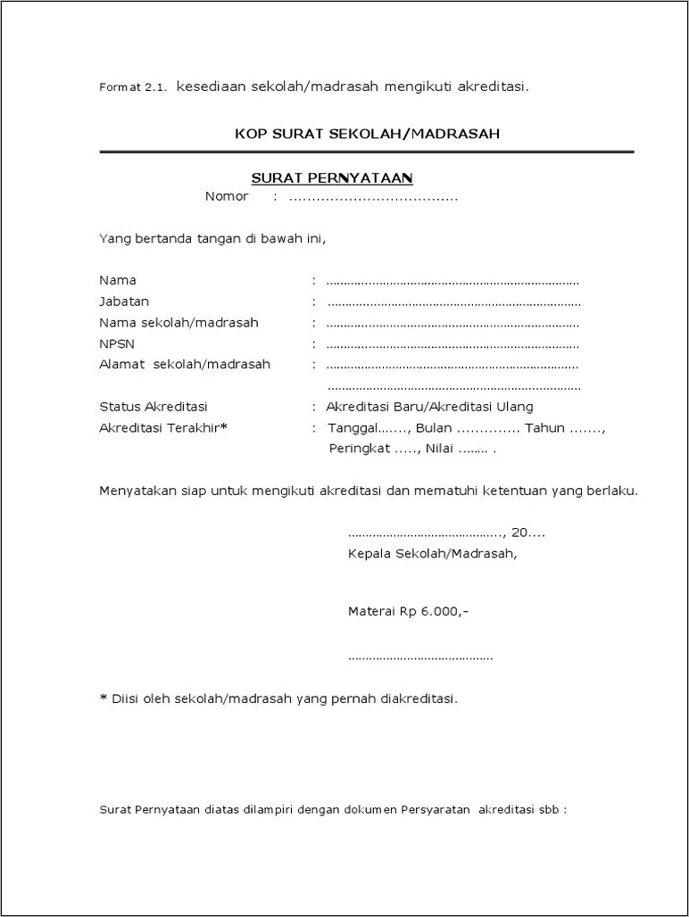 Contoh Surat Keterangan Sekolah Sudah Akreditasi