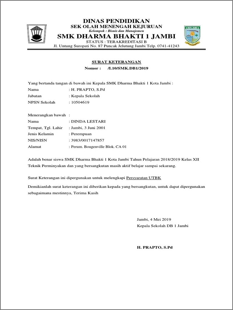 Contoh Surat Keterangan Sekolah Terakreditasi B