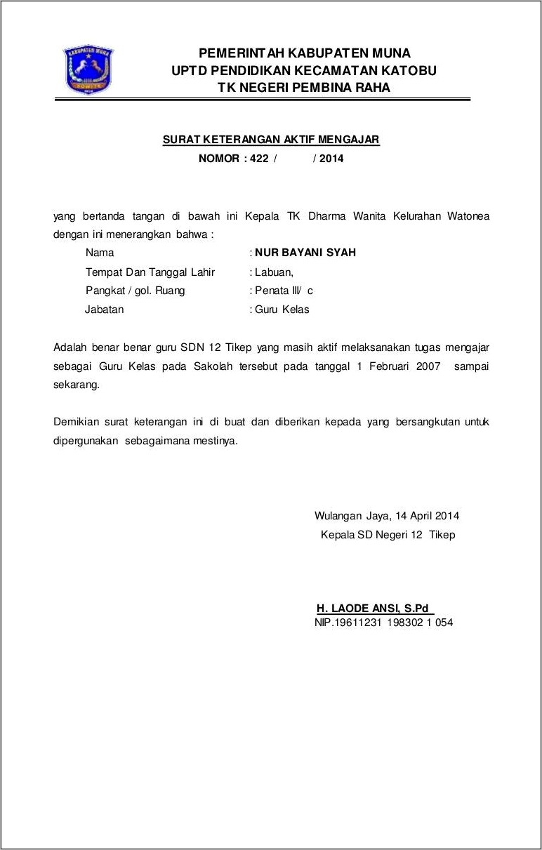 Contoh Surat Keterangan Sekolah Tk Untuk Sd