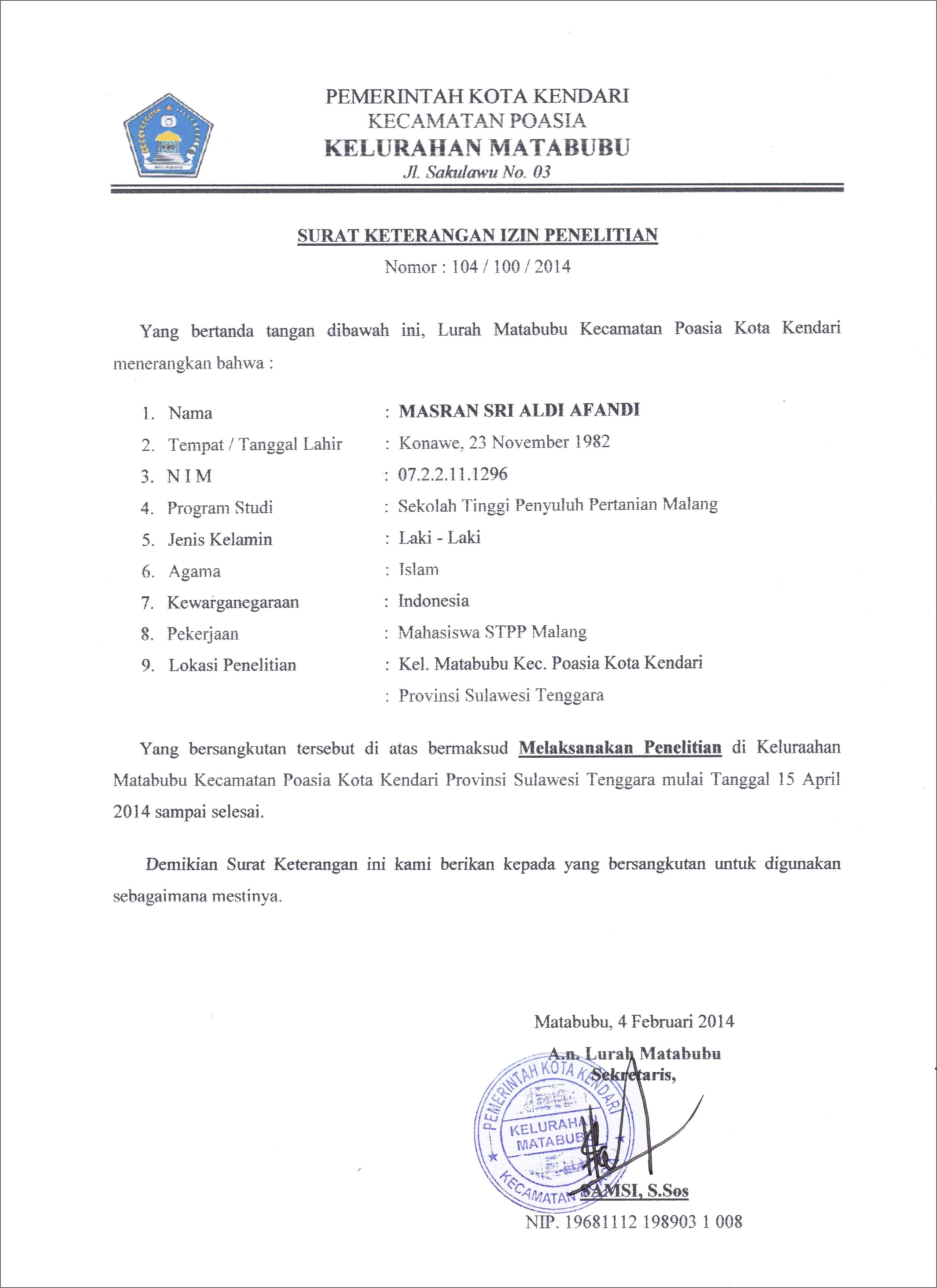 Contoh Surat Keterangan Selesai Penelitian Fisioterapi